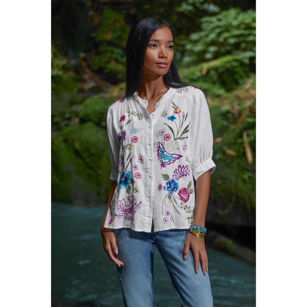 Johnny Was XL Jessi Shirred Yoke Blouse White Linen Embroidered Button Up Top - Picture 2 of 14
